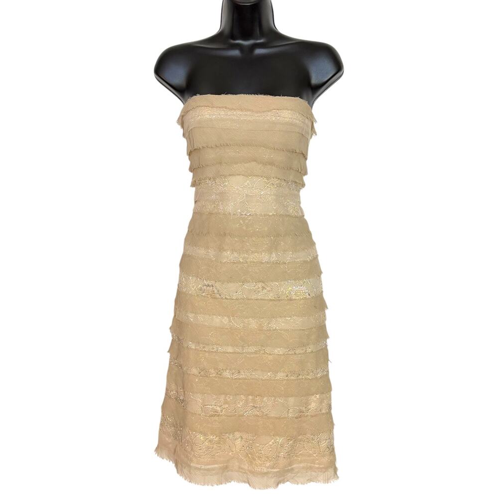 BCBGMAXAZRIA Strapless Silk Lace Tiered Ruffle Dress Metallic Gold Beige S